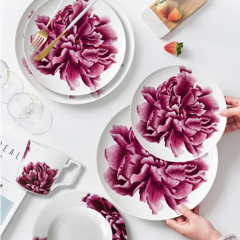 Pink Flowers Dishes and Plates Sets  Bone Porcelain