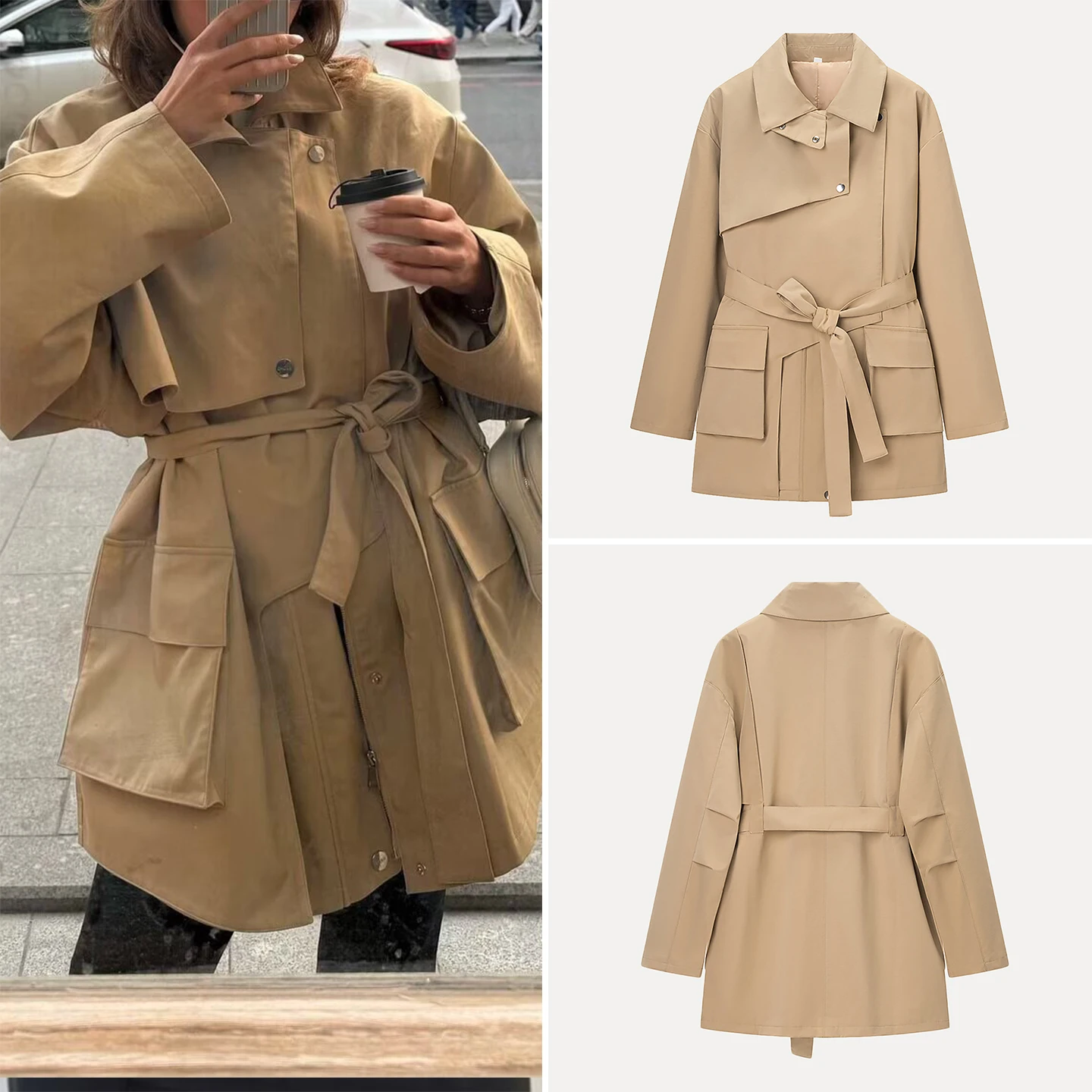 

Casual Heavy Work Mid-Length Autumn New Women's Coat Commute Sle Loose Fit Long Sve Collar Single Button Pure Color