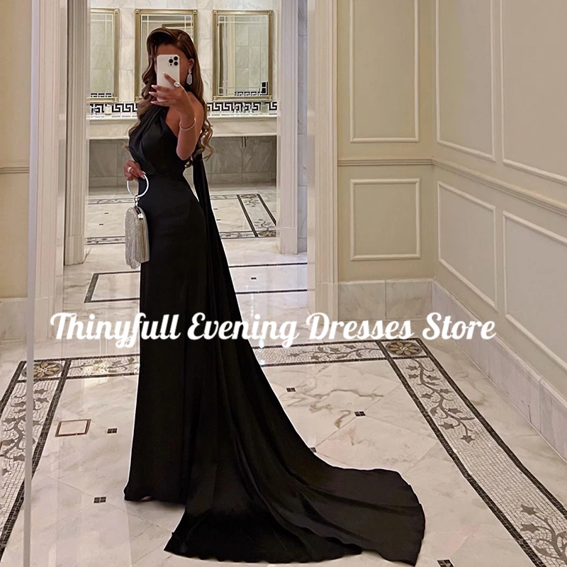 Thinyfull Formal Mermaid Prom Dresses Black Halter Neck Satin Evening Dress Saudi Arabia Cocktail Party Night Gowns Custom Size