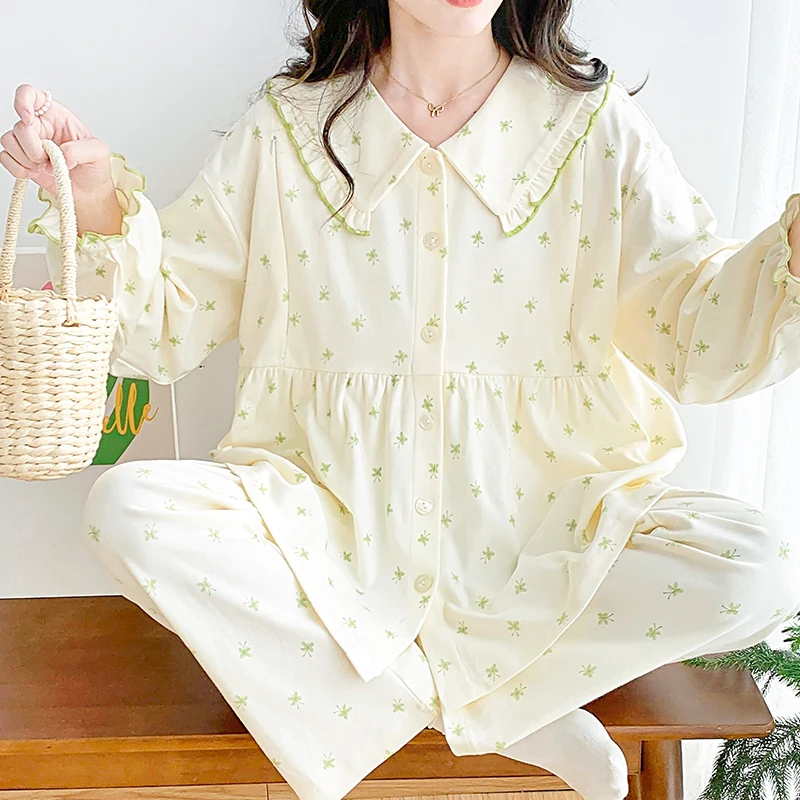 

10A Antibacterial 95% Cotton Postpartum Spring Autumn Pregnant Women's Pajamas Maternity Nursing Breastfeeding Sleep Home Wear