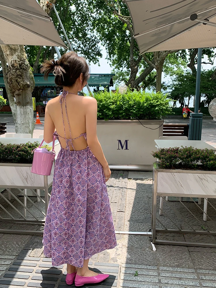 ピンクのストラップレスサマードレス レディース 2025年新作 バックレスドレス 韓国風 ハイウエスト Aライン ロングドレス 花柄プリント