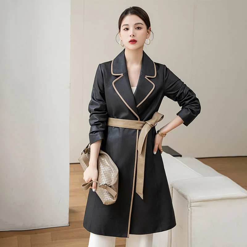 

2023 Genuine Leather Coat Women's Medium Long Spring Temperamental Retract Waist Slim Down Single Button Lapel Sheepskin Windbre