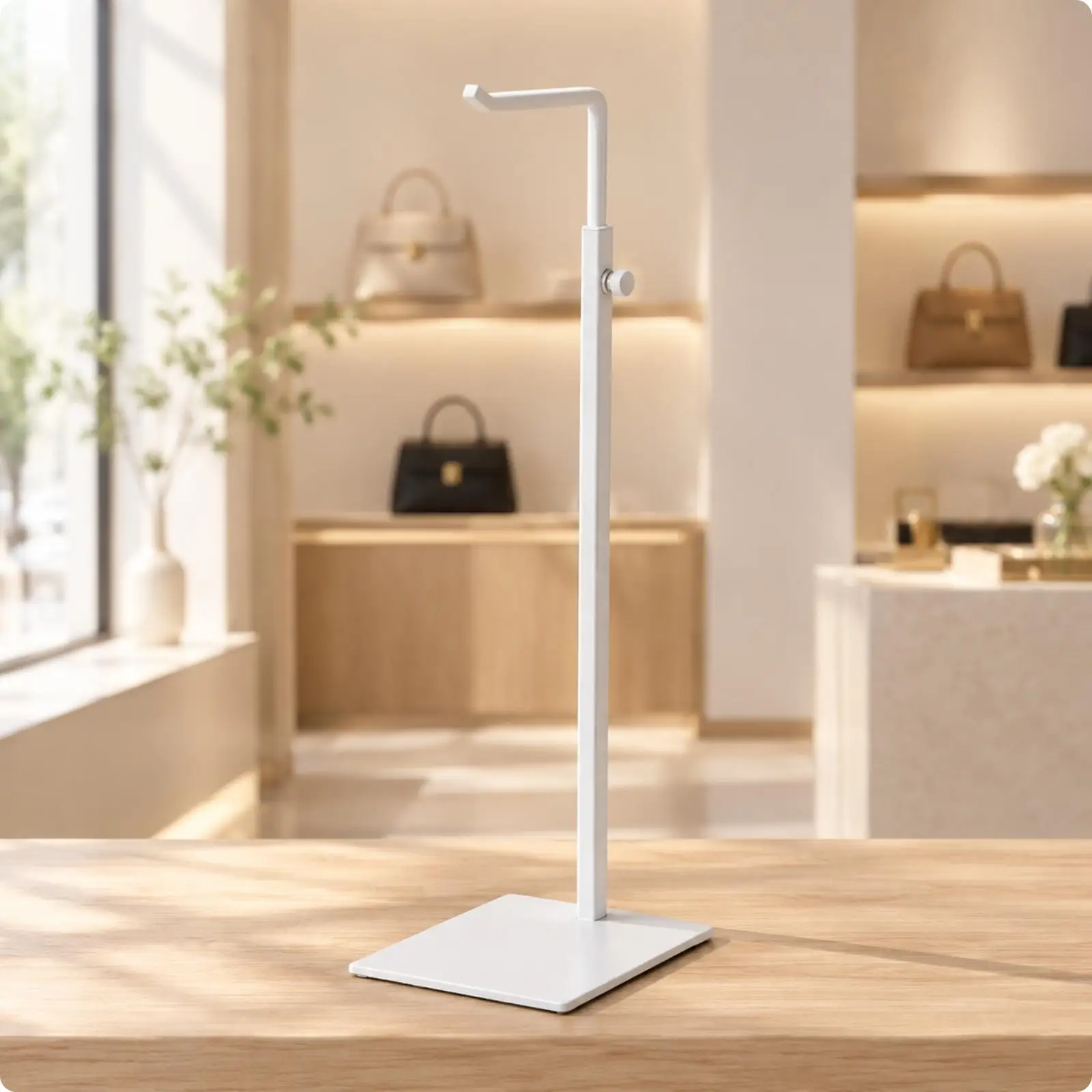 Adjustable Handbag Hook Display Rack Metal Stand with Square Base for Boutique Showcase Retail Floor Use