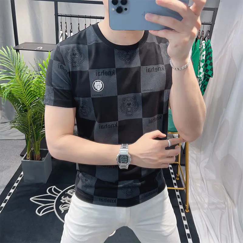 New Summer Trendy Brand Short-sleeved T-shirt Men's Tiger Head Plaid Round Neck Personality Trendy Half-sleeved Handsome