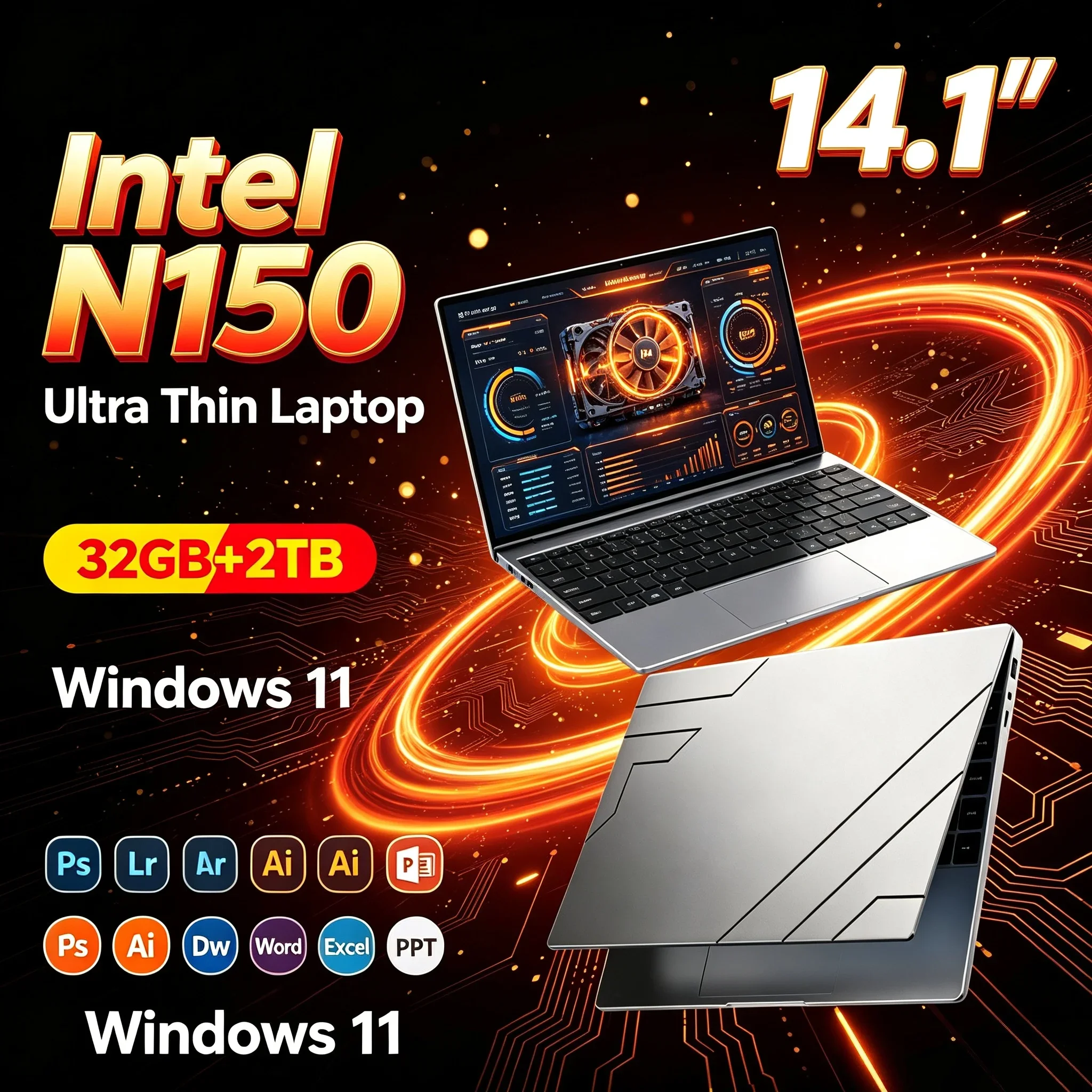 14.1'' Inch Windows11 High-Speed Portable Notebook Intel N150 32GB RAM 1TB/2TB SSD Light Laptop Computer For Office Student