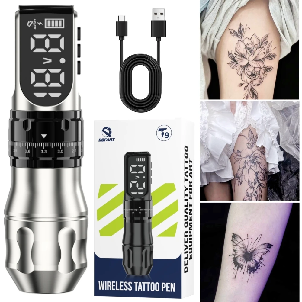 DQFART New Slivery T9 1700mAh Alloy Body Detachable Battery Head Electric Wireless Tattoo Machine Pen Tattoo Artists Preferred