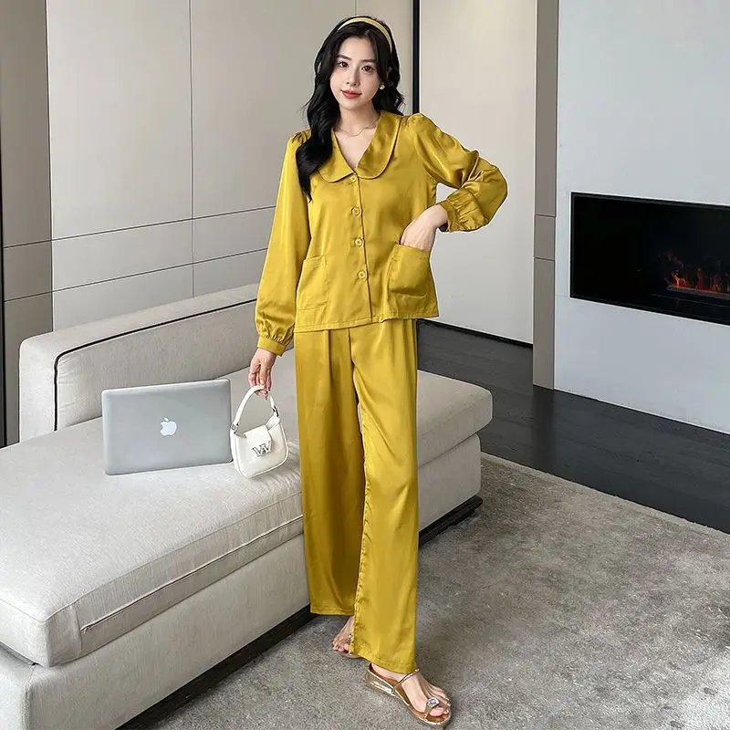 Long Sleeve Pants Pajamas Spring Autumn Women Ice Silk Lapel Casual Homewear Two-Piece Female Solid Color Thin Nightclothes 2024