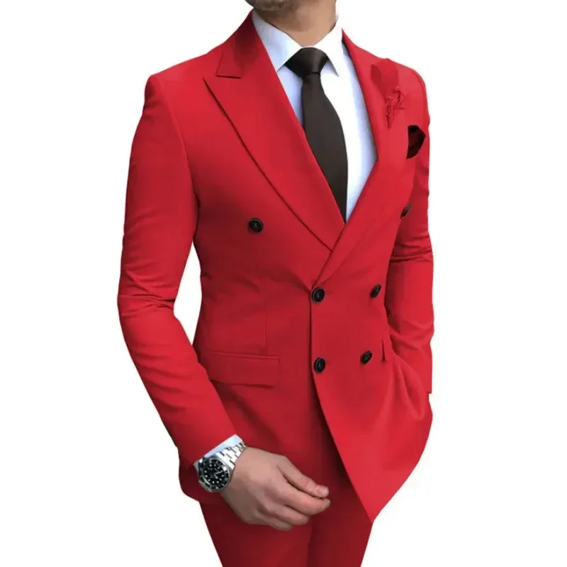 

kx305 Wedding Suits Men Business Fashion 2 Piece Set Slim Jacket Dress Blazers Coat Pants Trousers Solid Color Double Breas