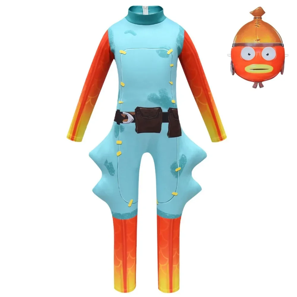 Halloween Kids Fish Jumpsuit Cosplay Costume for Boys Girls Romper Fish Stick Children Clothes Bodysuit with Mask Christmas Gift