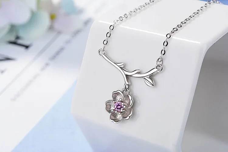925 فضة ساكورا زهرة القلائد و المعلقات أزهار الكرز مع سلسلة المختنق قلادة مجوهرات الزفاف طوق Colar #4