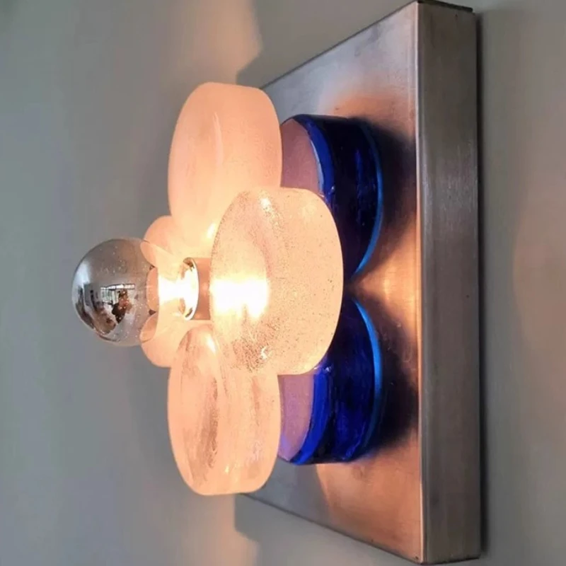 French Design Square Base Flower Glass Wall Lamp LED E27 Luxury Art Decorative Wall Sconces Living Room Bedroom Background Study
