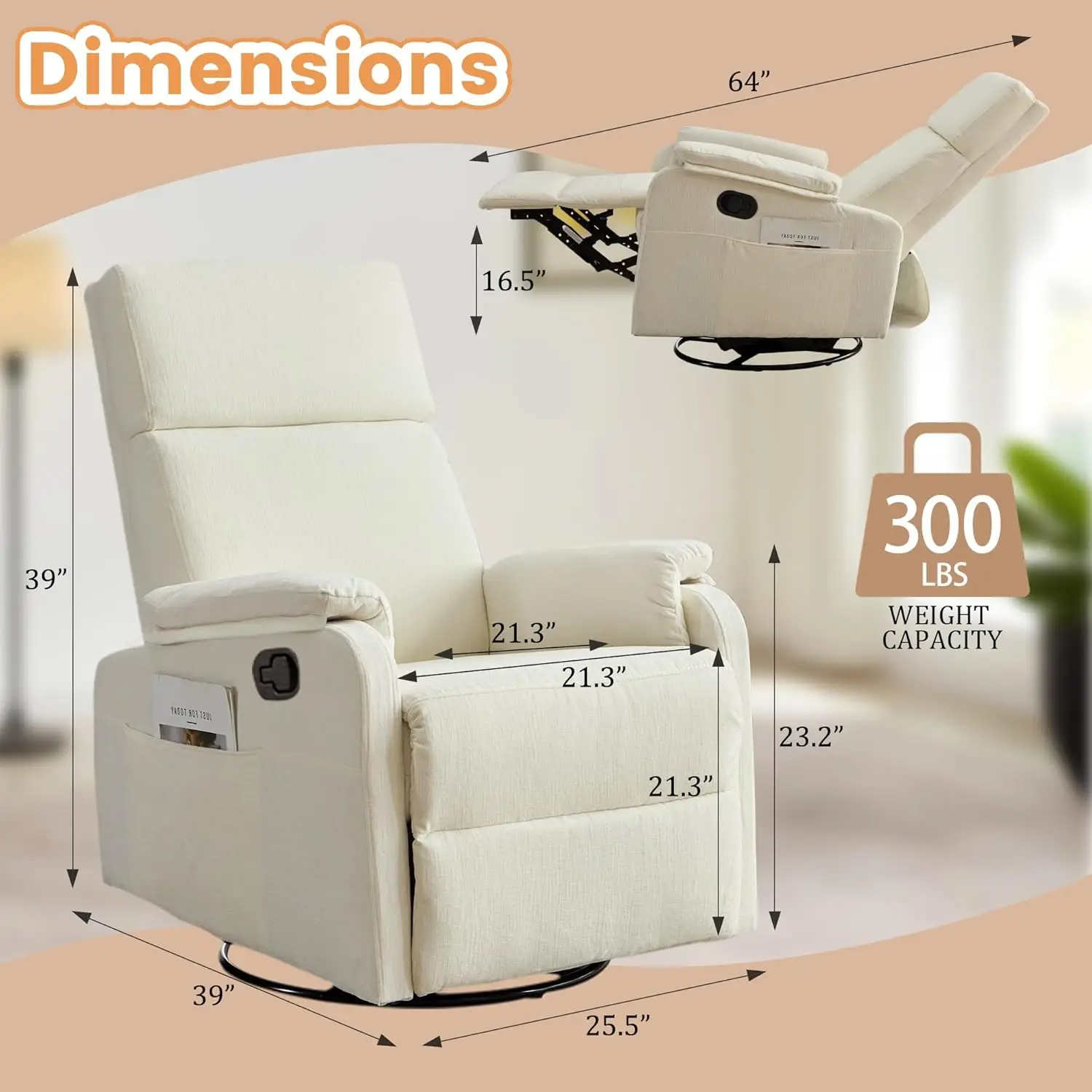 Mecedora reclinable giratoria, silla planeadora para adultos, reposabrazos modernos, chenilla beige, uso pequeño para guardería y sala de estar