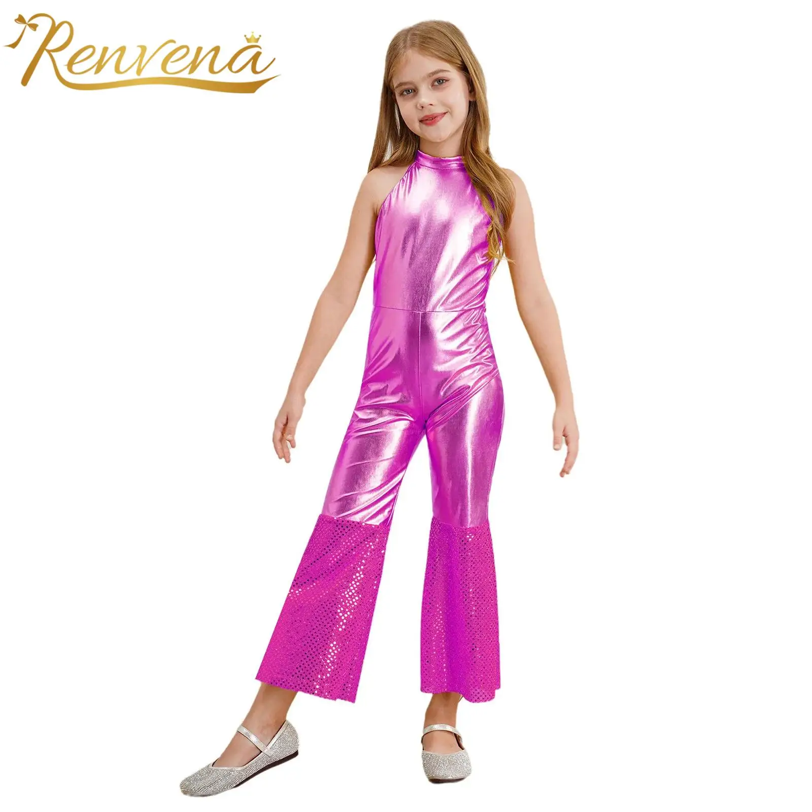 Children's 70s Disco Costume Girls Sleeveless Jumpsuit Flares Shiny Metallic Dancewear Sequin Bodysuit Dance Retro Party Costume