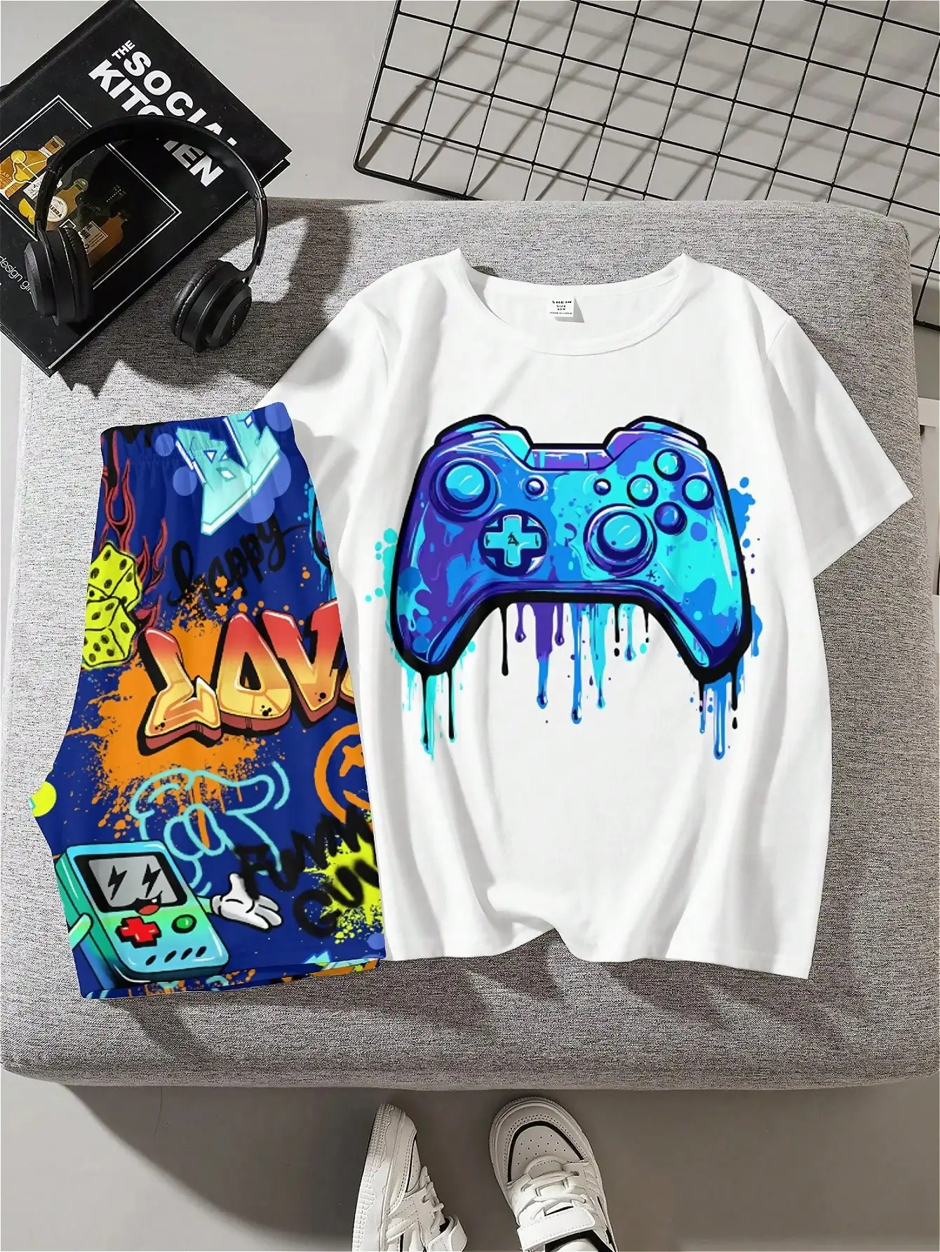 Tween Boy Casual And Simple Gaming Console Patterned Short Sleeve T-Shirt And Shorts Set, Suitable For Summer