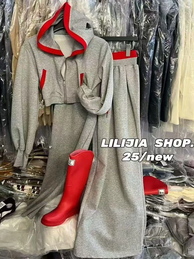 

American Style Hot Girl Hoodie Set Women's Autumn Lazy Loose Casual Sports Gray Wide Leg Pants Two Piece Cotton Zipper Closure