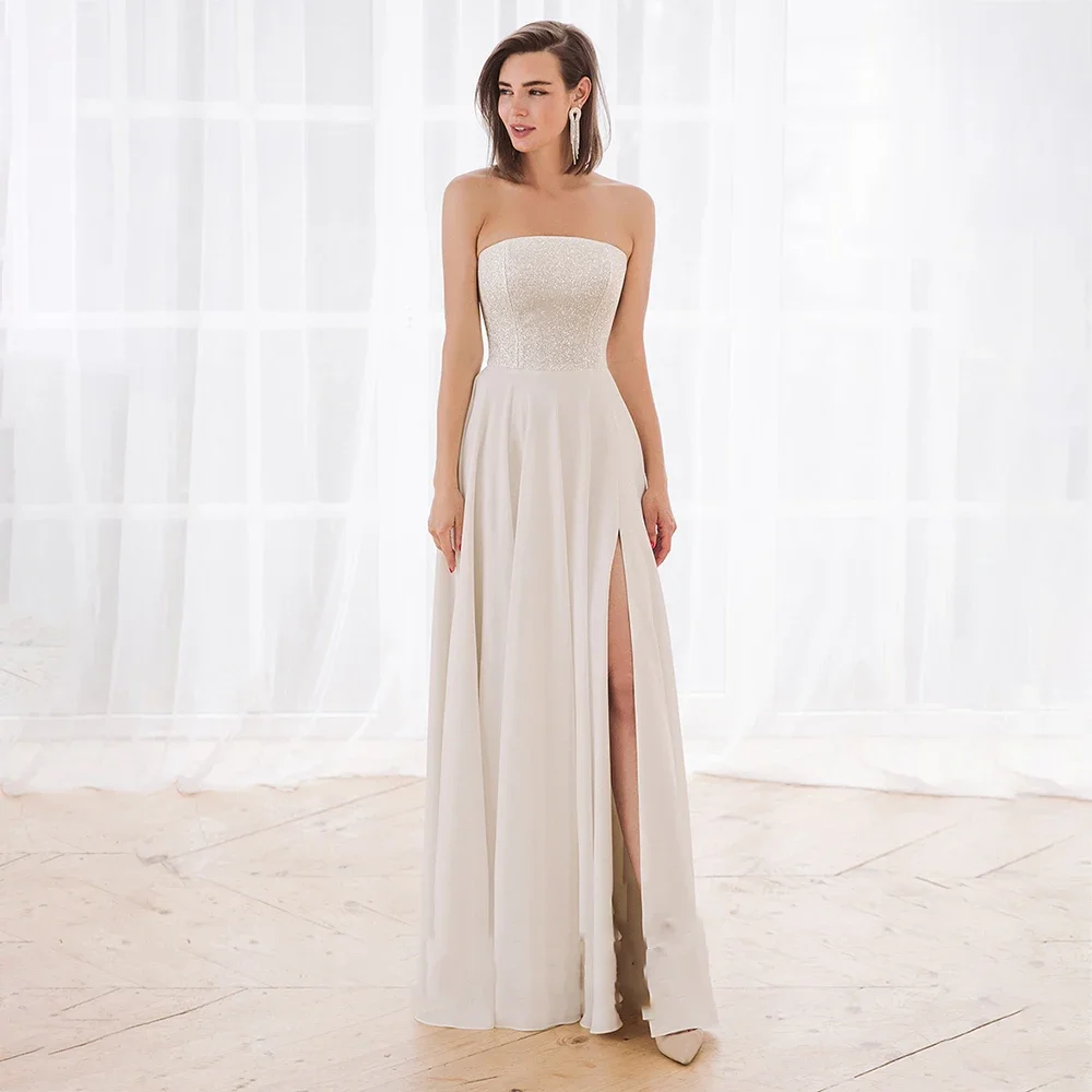 Customized Elegant A-Line Wedding Dress Charming Sleeveless Side Slit Lace Up Back  Strapless Bride Gowns for Women