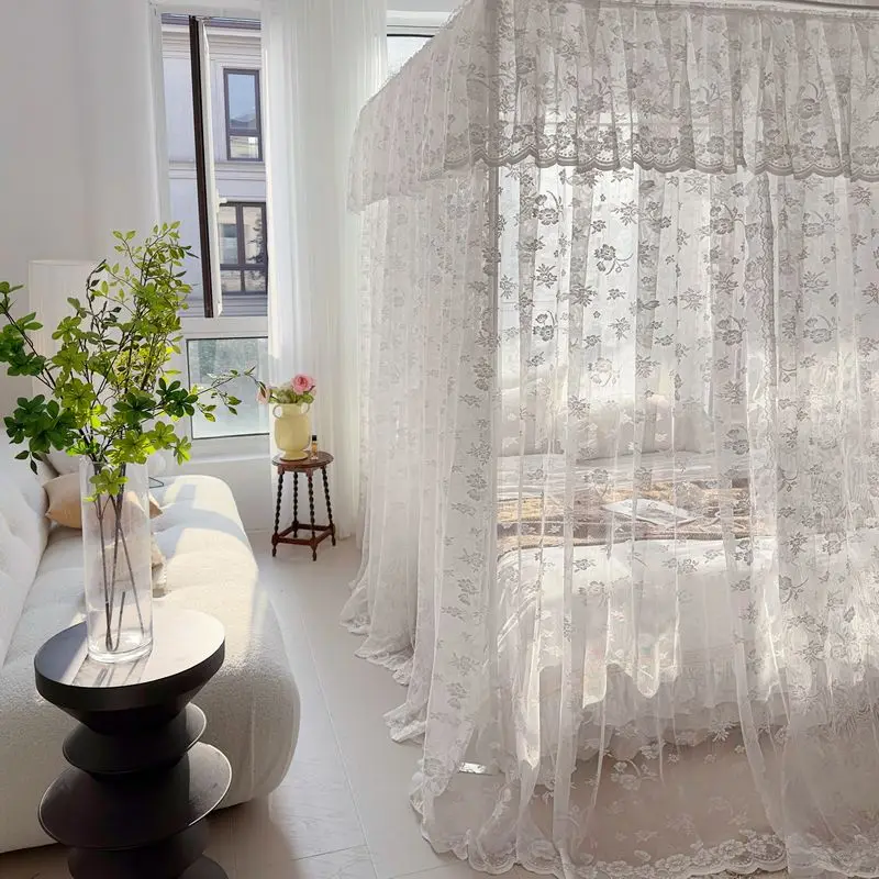 Light Luxury High-end Jacquard White Romantic Lace Mosquito Net No Bracket Three Door Bed Curtain Encrypted Bed Curtain For Home