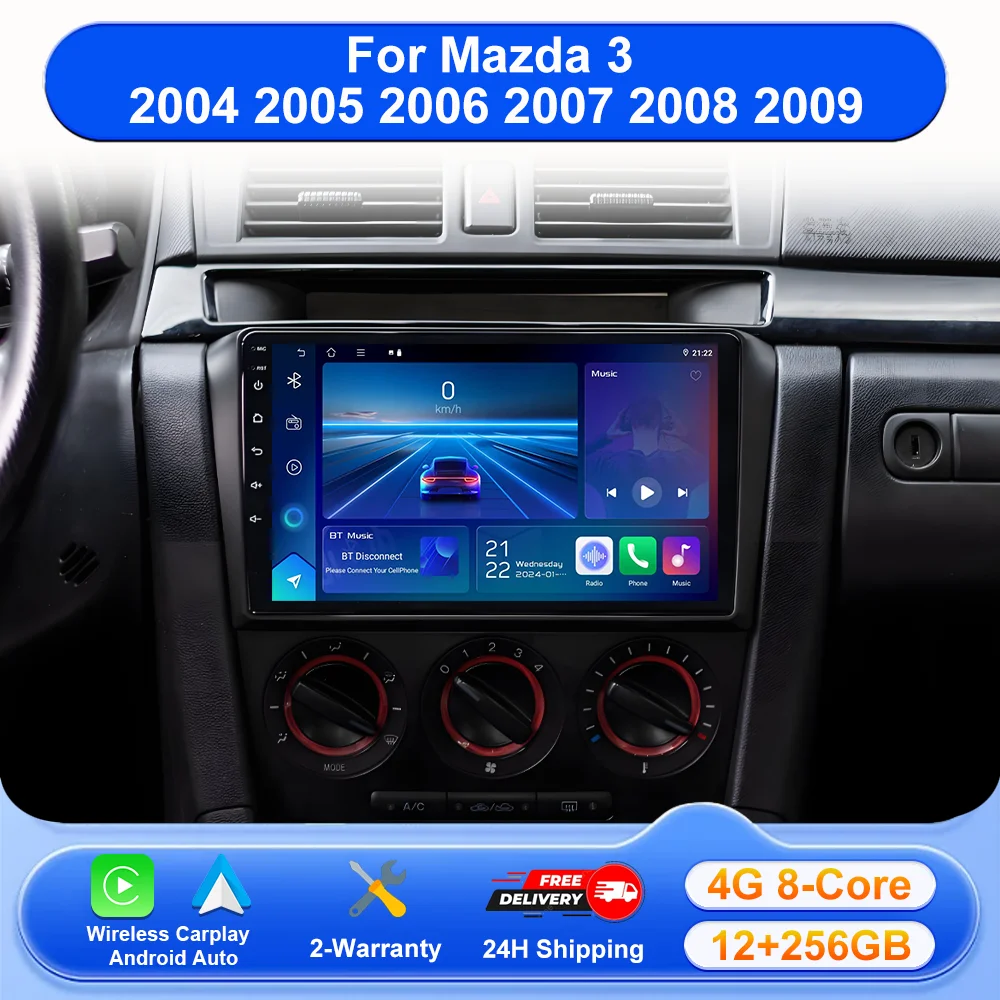 Android 16 para Mazda 3 2004 2005 2006 2007 2008 2009 Rádio de Carro Estéreo Multimídia GPS Navegação Carplay Car 4G+Wifi QLED