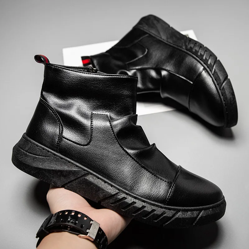 Men Chelsea Boots Slip-on Waterproof Ankle Boots Retro Black Men Fashion Boots Motorcycle Shoes 2025 New