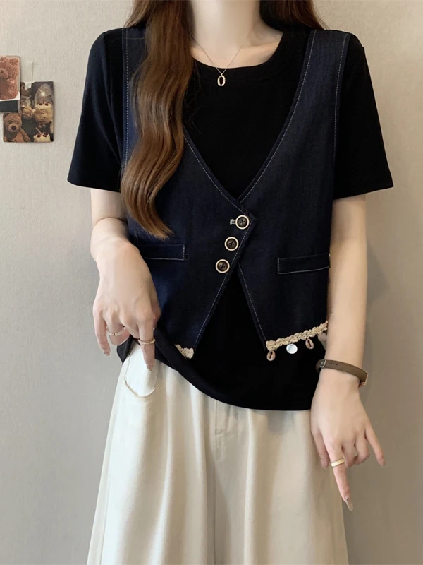 

plus Size Denim ort Sve T-irt Women Summer Conceal Belly Fake Two-Piece Sweet Sle Princ Loose Fit oulder Level Top