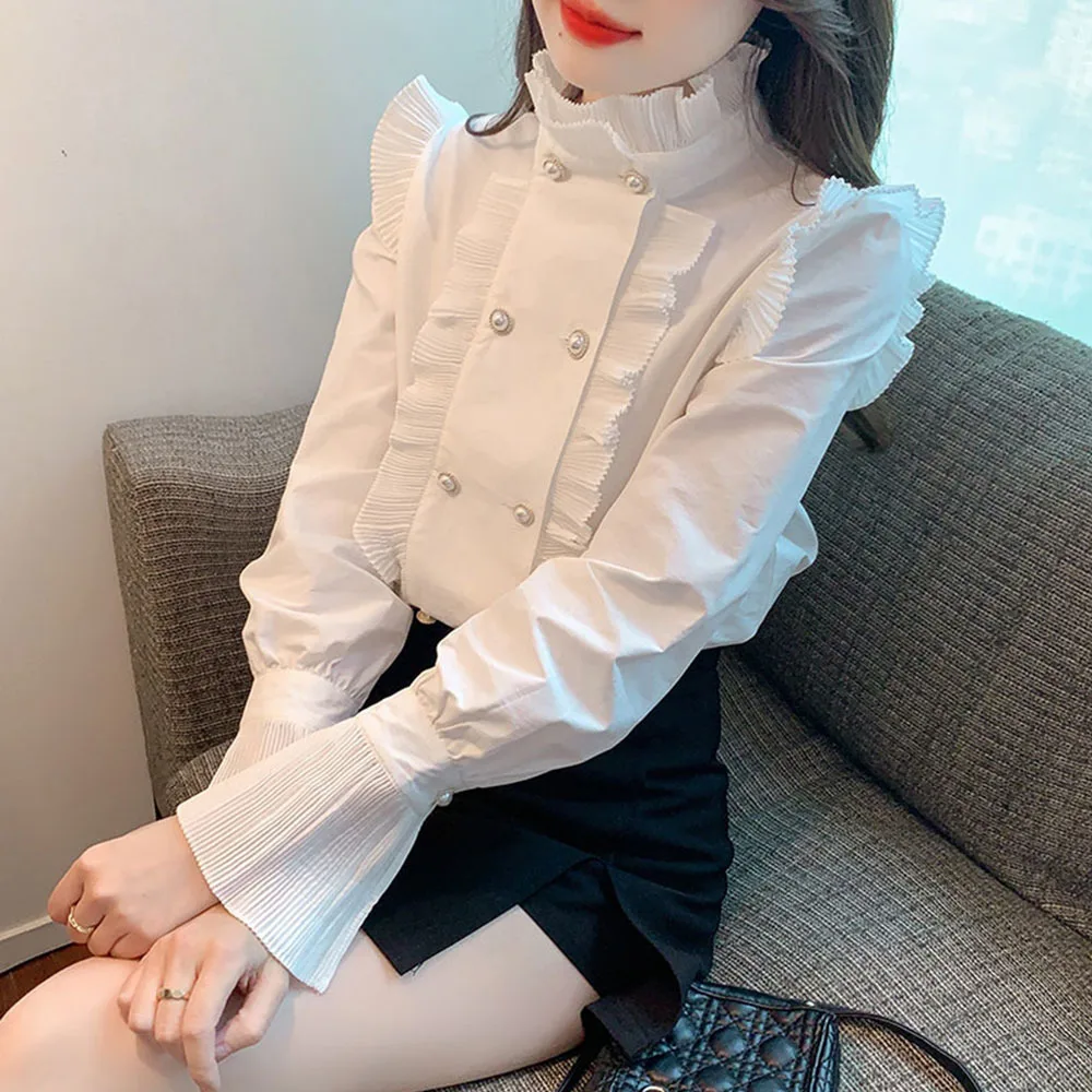 

Elegant White Women's Ruffles Stand Collar Shirt Blusas Mujer Spring Summer Pleated Top Korean Trumpet Sleeve Runway Blouse Lady