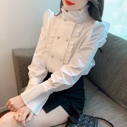 Elegant White Women's Ruffles Stand Collar Shirt Blusas Mujer Spring Summer Pleated Top Korean Trumpet Sleeve Runway Blouse Lady