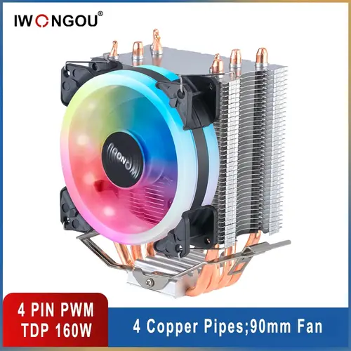 Enfriador de procesador IWONGOU X99 Am4, radiador de 4 heatpipes, CPU de refrigeración PWM de 4 pines, ventilador RGB de 90mm para Intel Lga 2011/1366/1700/AMD