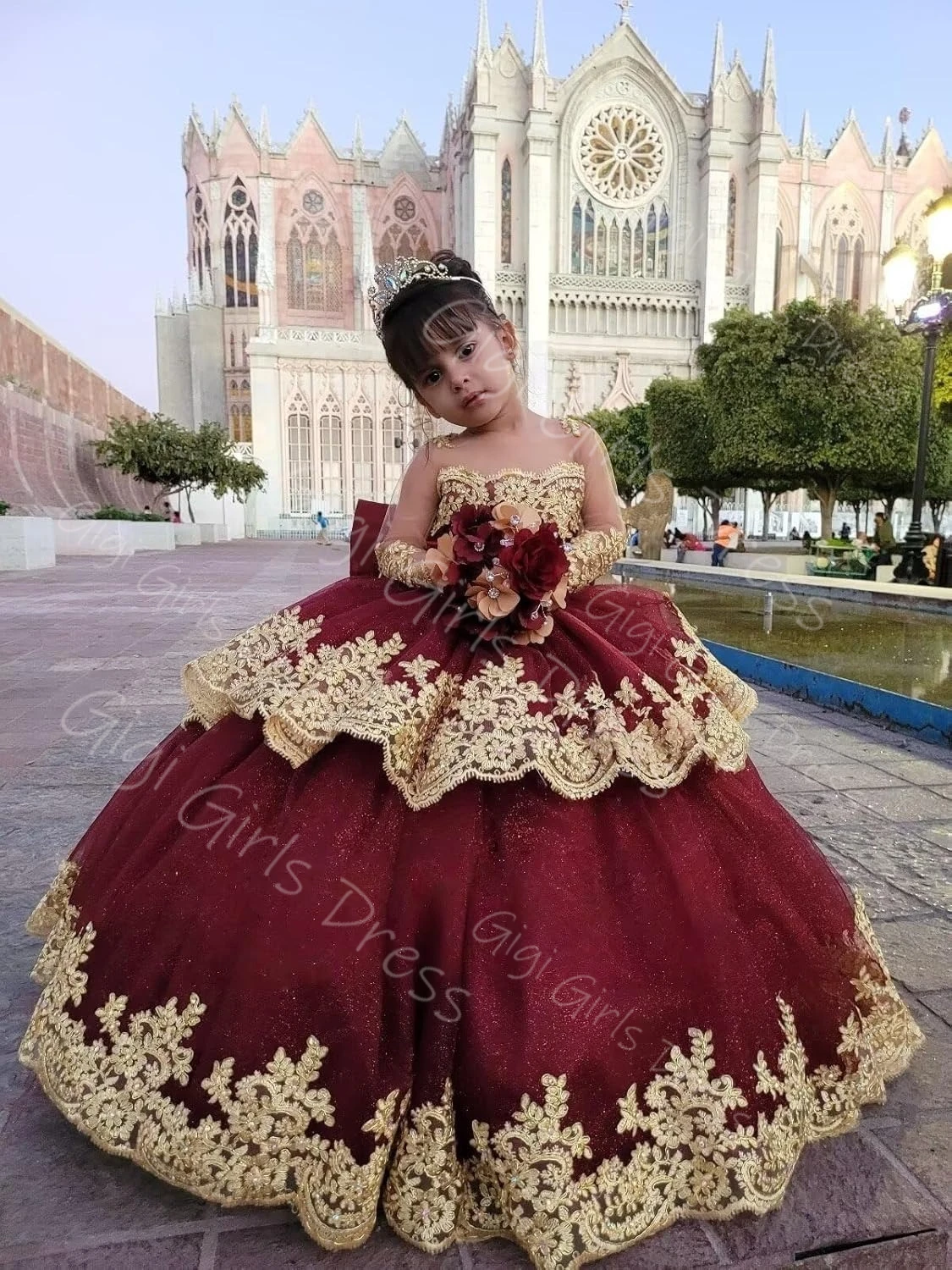 Платье с цветочным узором для девочек с длинными рукавами и бантом, многоуровневое золотое кружевное фатиновое пышное платье принцессы, детское бальное платье для дня рождения по индивидуальному заказу