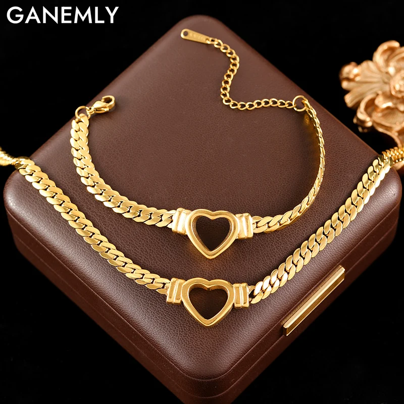 Ganemly 316l aço inoxidável oco coração colar pulseiras à prova dwaterproof água jóias charme metálico cor de ouro corrente moda senhora presente