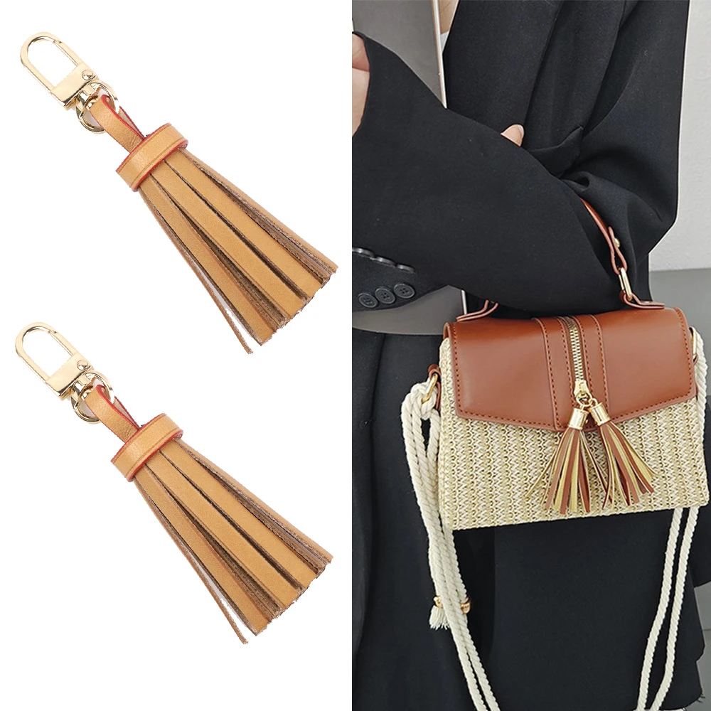 Genuine Leather Tassel Bag Pendant Women Handbag Purse Fringe Charm Bag Hanging Buckle Keychain Key Ring DIY Jewelry Accessories