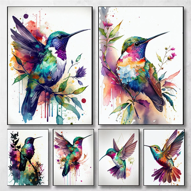 (1pc frameless)Watercolor Colorful Birds Hummingbird Flower Wall Art Canvas Painting Posters and Prints Pictures for Living Room