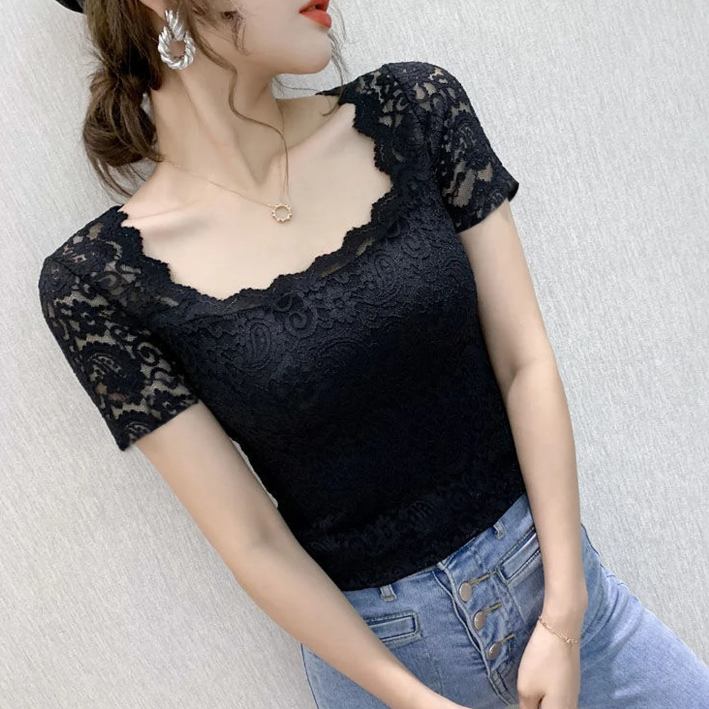 S-2XL Stretchy Persian Pattern Lace T Shirt Women Stretch Knitted Square Neck Short Sleeve Blouse Fashion Female Blouses Shirt