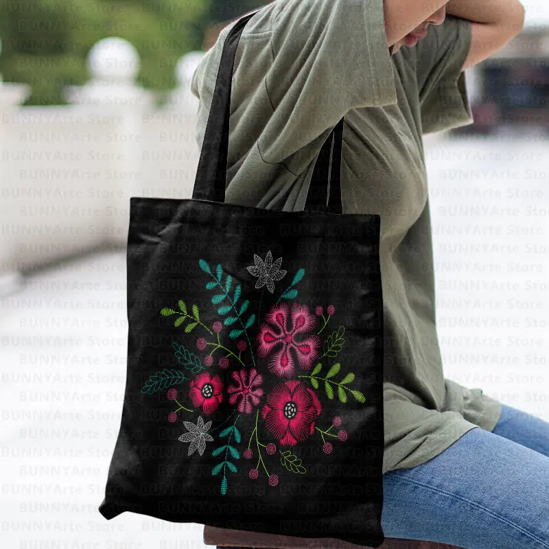 Bolsos de mano oscuros de varias flores hermosas para mujer, bolsas de compras para ir al supermercado, bolsas de reciclaje, bolsas de tela de moda