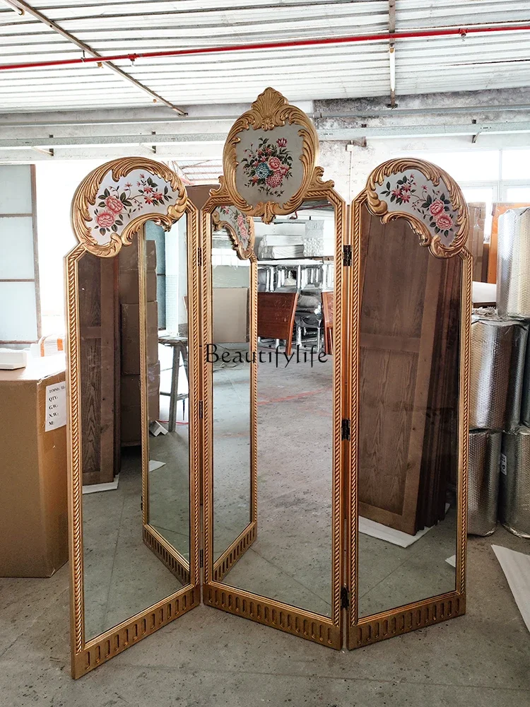 

yj5 European Style Decorative Folding Screen Solid Wood Hand-painted Western Flower 3-piece Single-sided Screen Floor Mirror
