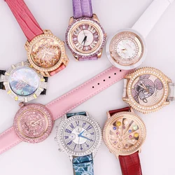 Luxury Unicorn Melissa Women's Watch Rhinestone Crystal Fashion Hour Real Leather Bracelet Clock Girl's Birthday Gift Box