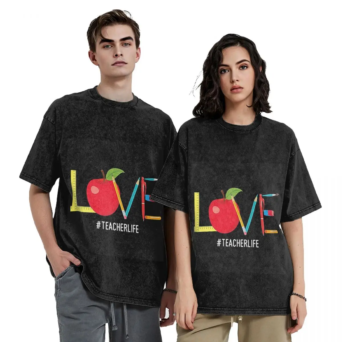 Love Teacher Life Apple Pencil Hip Hop Short Sleeve T-Shirts Washed Tops Tees Streetwear T Shirt Cotton for Men Women