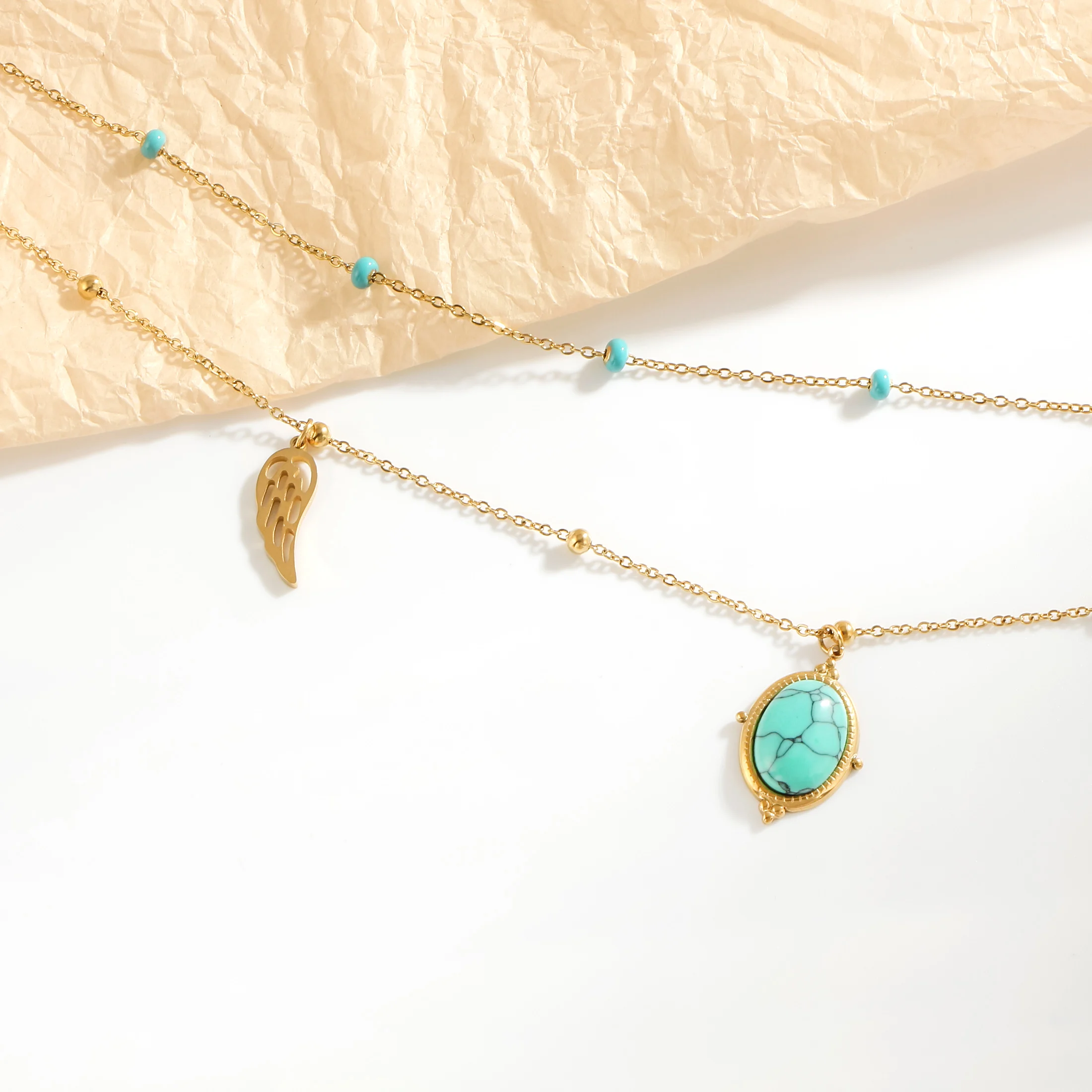 Wing shape and turquoise pendant Bohemian style golden women\'s fashion jewelry gift, daily party wear multi-layer necklace