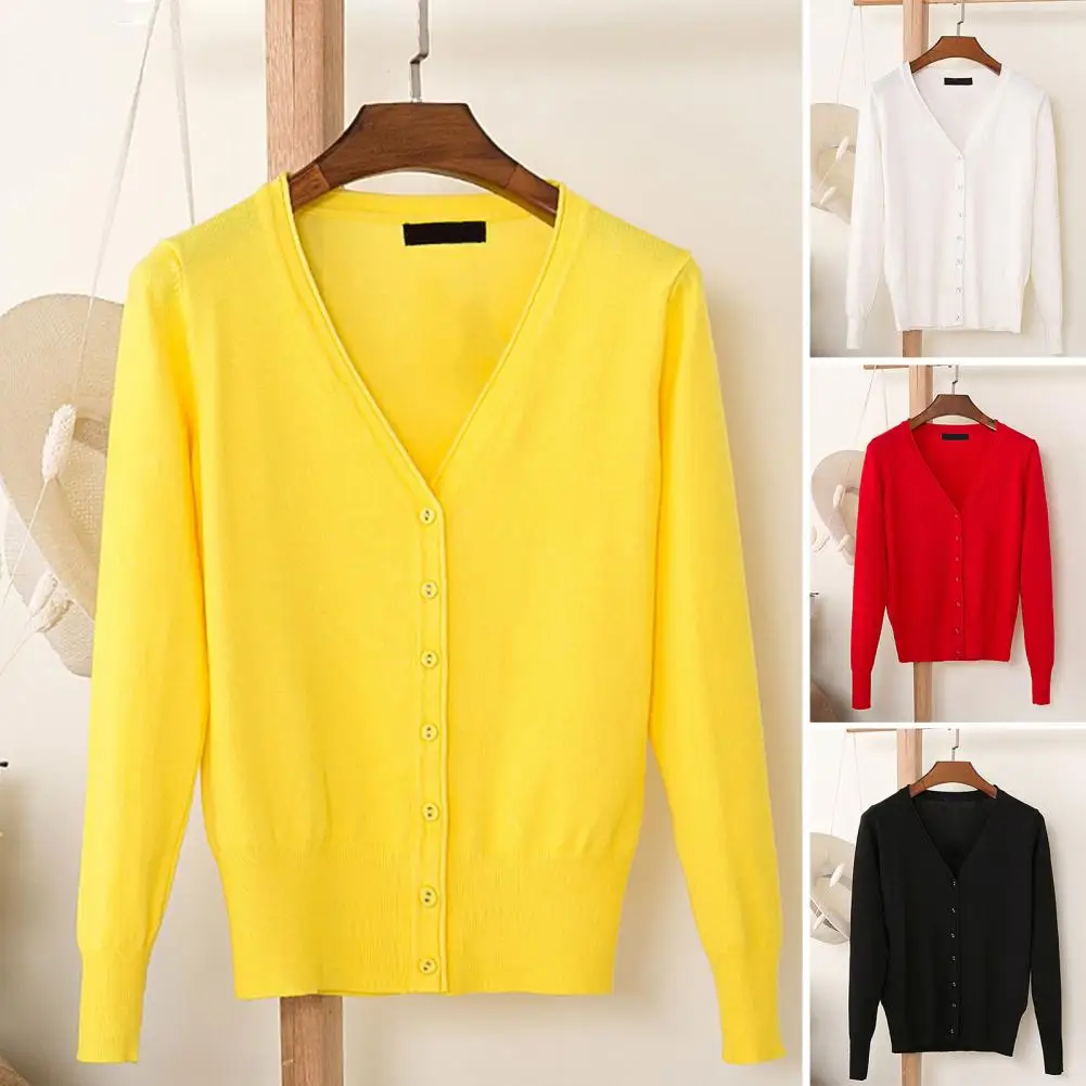 

1Pc Women Solid Color Jacket Stylish V-neck Knitting Coat for Women Long Sleeve Single Breasted Sweater Cardigan with Ribbed Hem