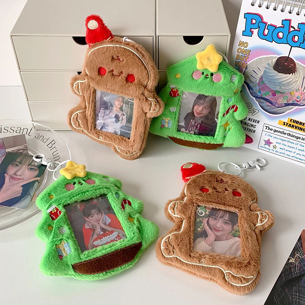 

Cute Christmas Tree Plush Photo Frame Cute Gingerbread Man Kpop Photocard Sleeves for Bag Pendant Keychain for 3 Inch Photo