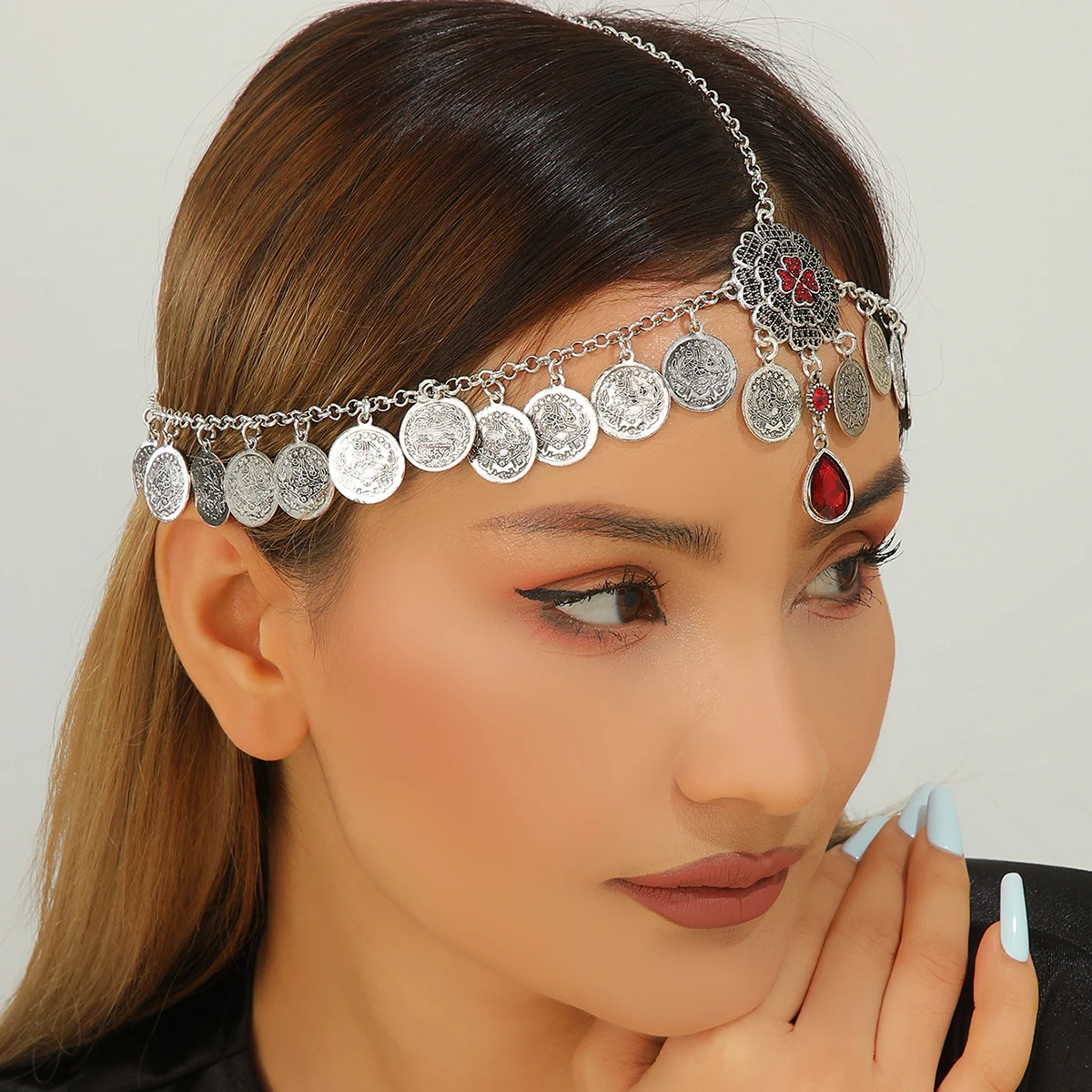 

Vintage Ethnic Style Headpiece Antique Silver Color Alloy Flower Rhinestone Coin Tassel Head Chain Women's Party Accessory