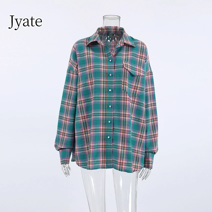 Jyate 2024 Lente Herfst Retro Geruite Shirts Top Knoop Revers Lange Mouw Losse Blouses Shirt Mode Straat Casual Vrouwen Tops