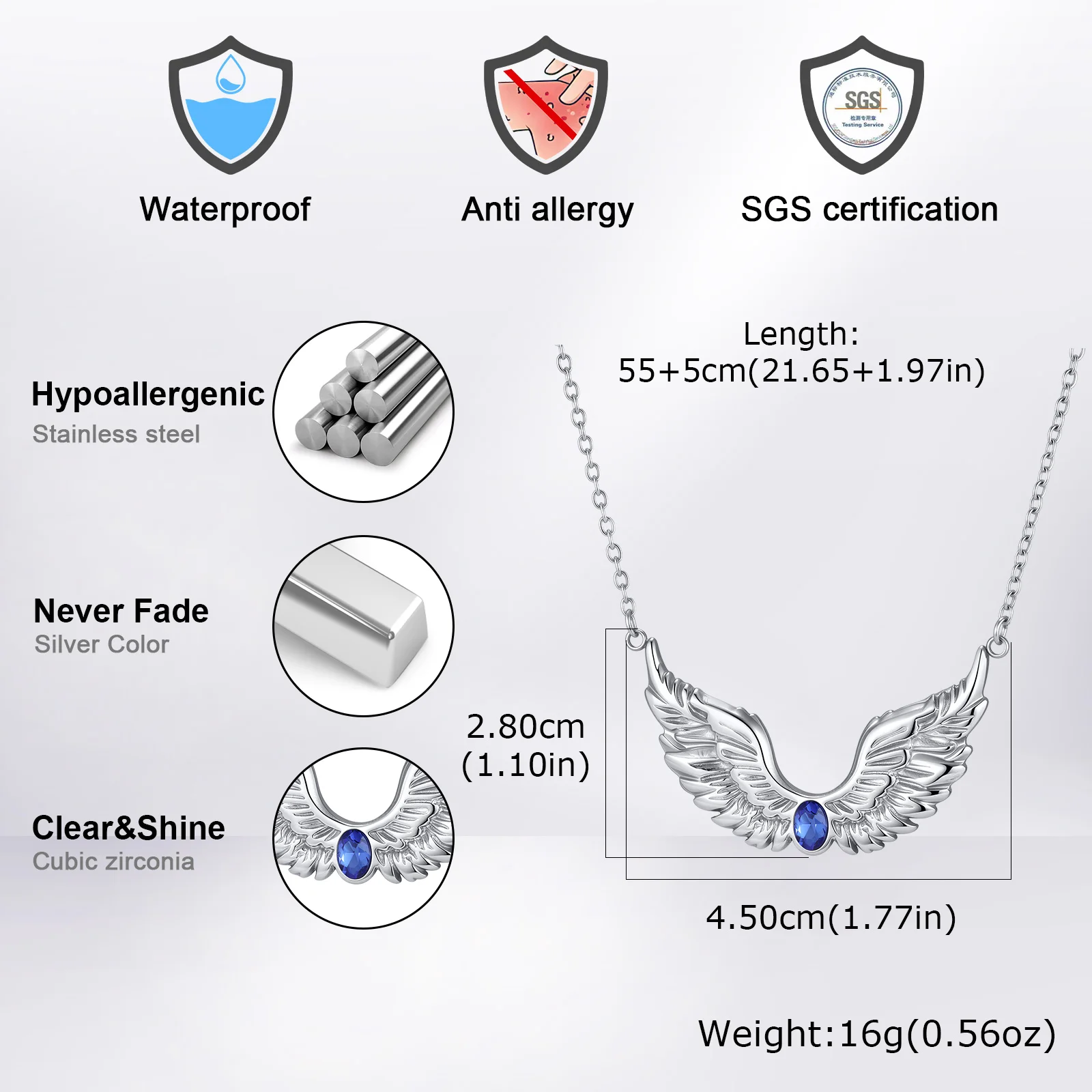 Punk-Engelsflügel-Feder-Halskette für Männer, Edelstahl-Choker mit blauen und schwarzen Zirkonflügeln, neues Schmuckgeschenk für Männer – Detail 1