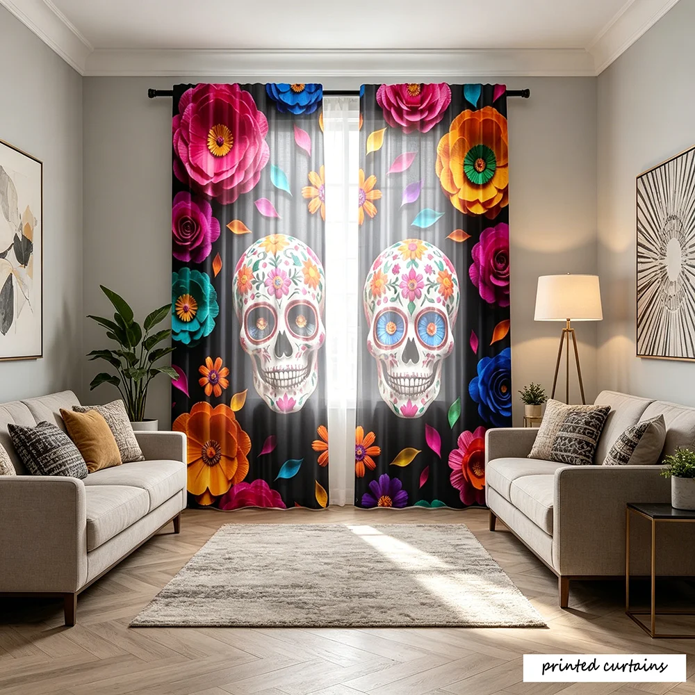 2-piece set of artistic Gothic style curtains, featuring floral candy skull design, polyester material, and a bag style design