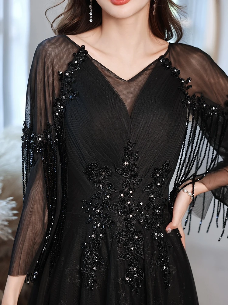 

Элегантное вечернее платье Ele Bla класса люкс с богатой отделкой для конференций и торжеств, новая модель 2025 года, с длинным рукавом и V-образным вырезом