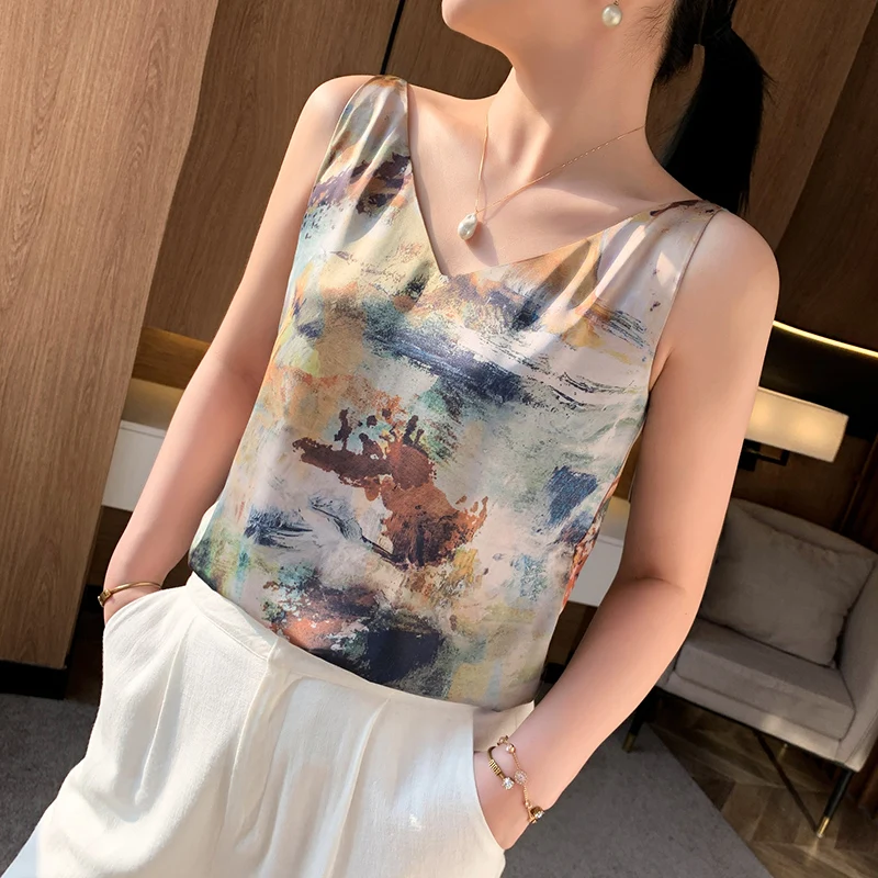 2023 Summer Women\'s Strap Silk Seamless Sports Top High Temperature Printed Sleeveless Sexy V-Neck T-Shirt Suit Office Wear