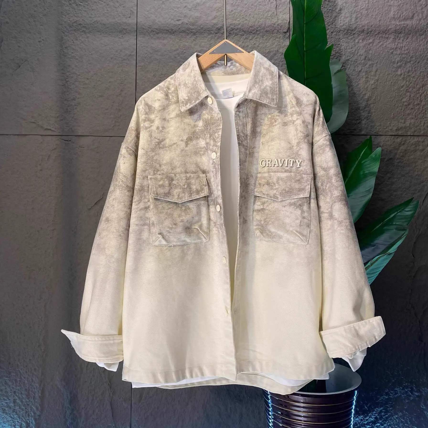 Trendy Washed Tie Dye Gradient Denim Shirt Autumn New Embroidered Jacket Loose Oversized Unisex Couple Top