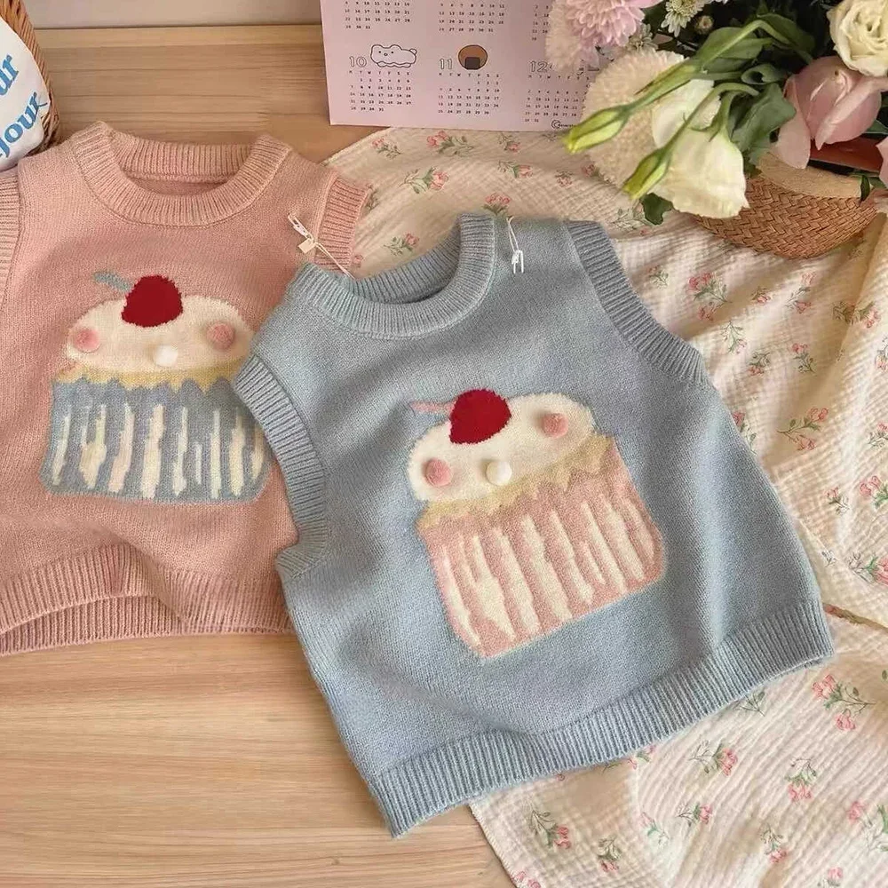 

Cute Baby Girls Knitted Vest Spring Autumn Cartoon Cake Sleeveless Pullover Sweaters Tops Kids Girl Waistcoat Children Clothes