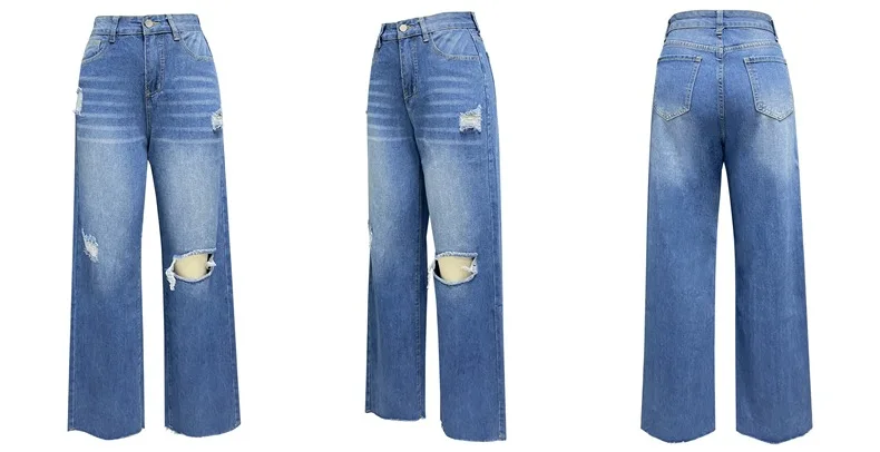 Jean à jambes larges pour femmes, pantalon en Denim, taille haute, fermeture éclair, trous de lavage, poches, travail de rue, fête, Club, maman, élégant, Y2k