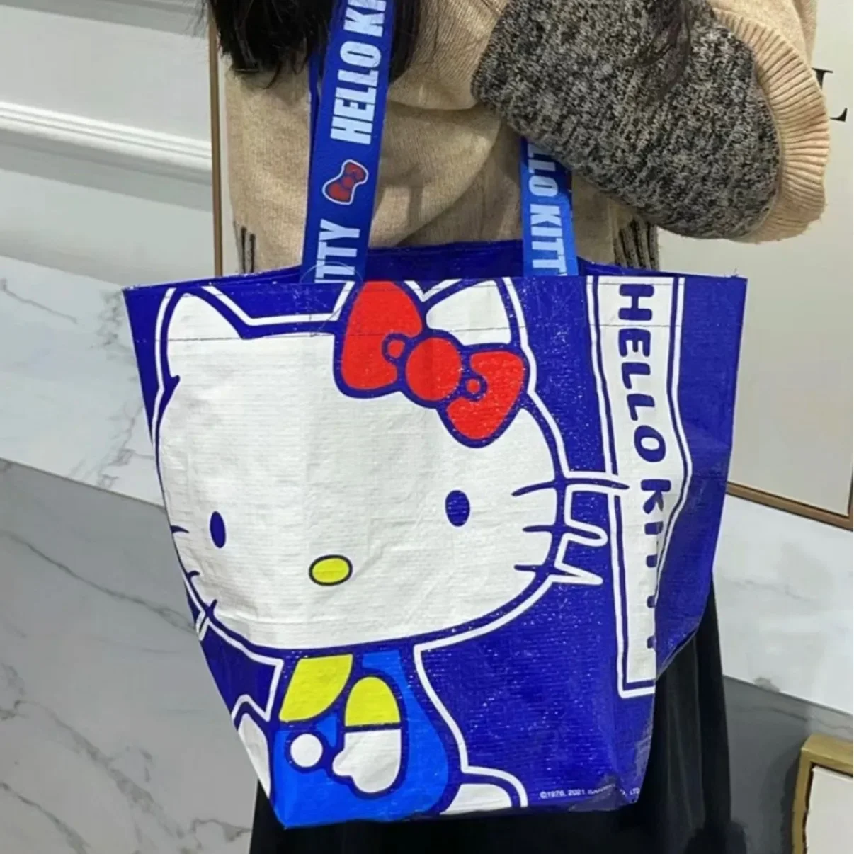 Hello Kitty Women\'s Handbags Cartoon Sanrio Pattern Large Capacity Shopping Bag Kawaii Blue Kitty Shoulder Bags for Girls