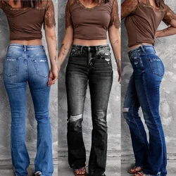 Frauen Jeans Bootcut Hosen Waschen Flare Denim Blau Taschen Streetwear Knöchel Länge Löcher Hohe Taille Mom Jeans Y2k Hosen